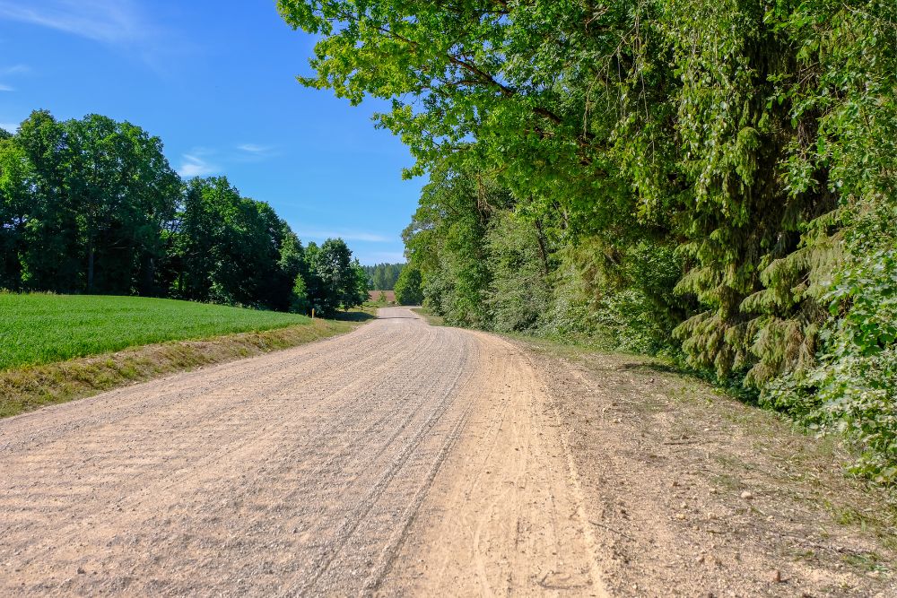 Contact Great Lakes Chloride for assistance with Ohio Gravel Road Erosion Control image shows gravel road between grass and trees