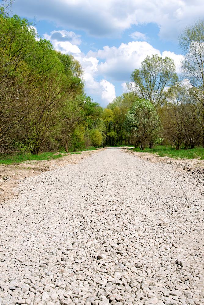 Contact Great Lakes Chloride to implement calcium chloride for Michigan Road Base Stabilization image shows gravel road next to trees